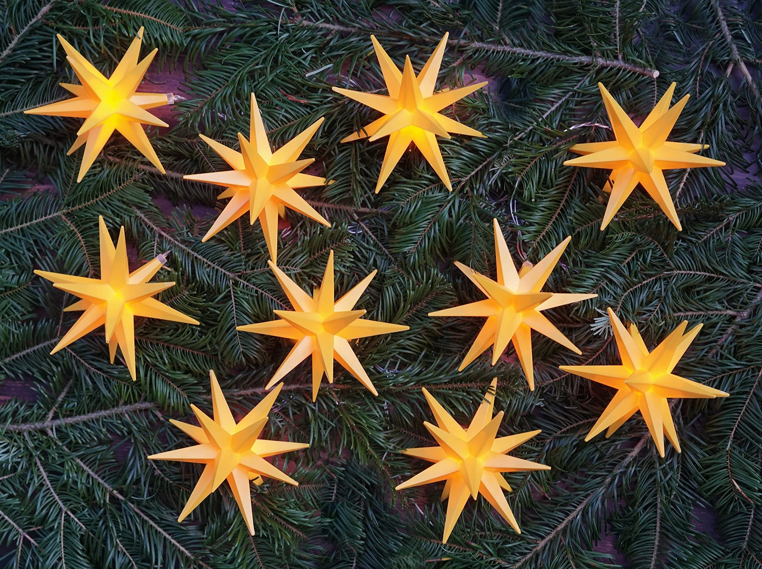 GURU SHOP Sternenkette, Lichterkette mit 10x LED Adventsstern, Außenstern, Weihnachtsstern Ø 12 cm, Länge 12,5 m, mit Timer - Gelb, Kunststoff, Weihnachtsstern, Adventsstern