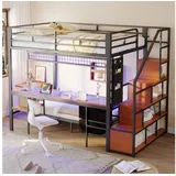 STILVORA Etagenbett 140×200 Metallbett mit Matratze Jungendbett mit Schreibtisch Schwarz (mit Schreibtisch und LED-Beleuchtung, Platzsparendes Multifunktionsbett mit Steckdosen, offenem Stauraum und Stoffschubladen, 140x200 cm Oberbett und 90x200 cm Unterbett), ohne Matratze schwarz