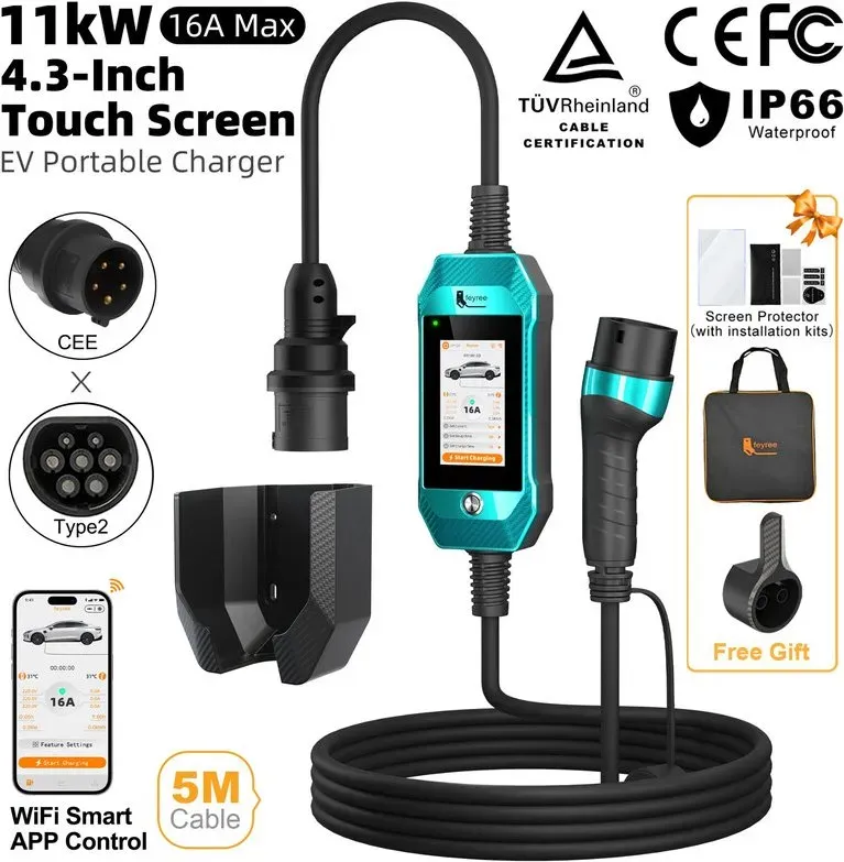 feyree Ladegerät für Elektrofahrzeuge, 16 A, 11 kW, 3-phasig, 4,3 Zoll Touchscreen & Ladegeschichte, Typ 2, tragbares Smart-Ladegerät mit WiFi-App-Steuerung