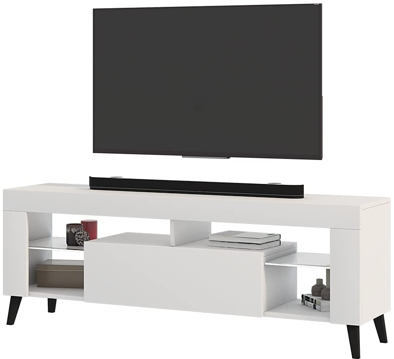 Selsey HugoB – TV-Lowboard, modernes TV-Sideboard mit Füßen und Glaseinlegeböden, 140 cm (Weiß Matt/Weiß Glanz, ohne LED)