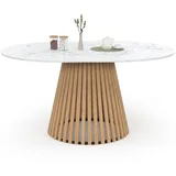 IDMarket - Esstisch, ausziehbar, rund, Carmen, 4-8 Personen, Holzfuß aus Latten, Marmorplatte, weiß, Alaska, 110 – 150 cm