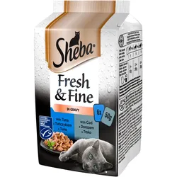 SHEBA Beutel 6x50g Fresh&Fine - feuchtes Katzenfutter in Sauce (mit Lachs, Thunfisch, Kabeljau)