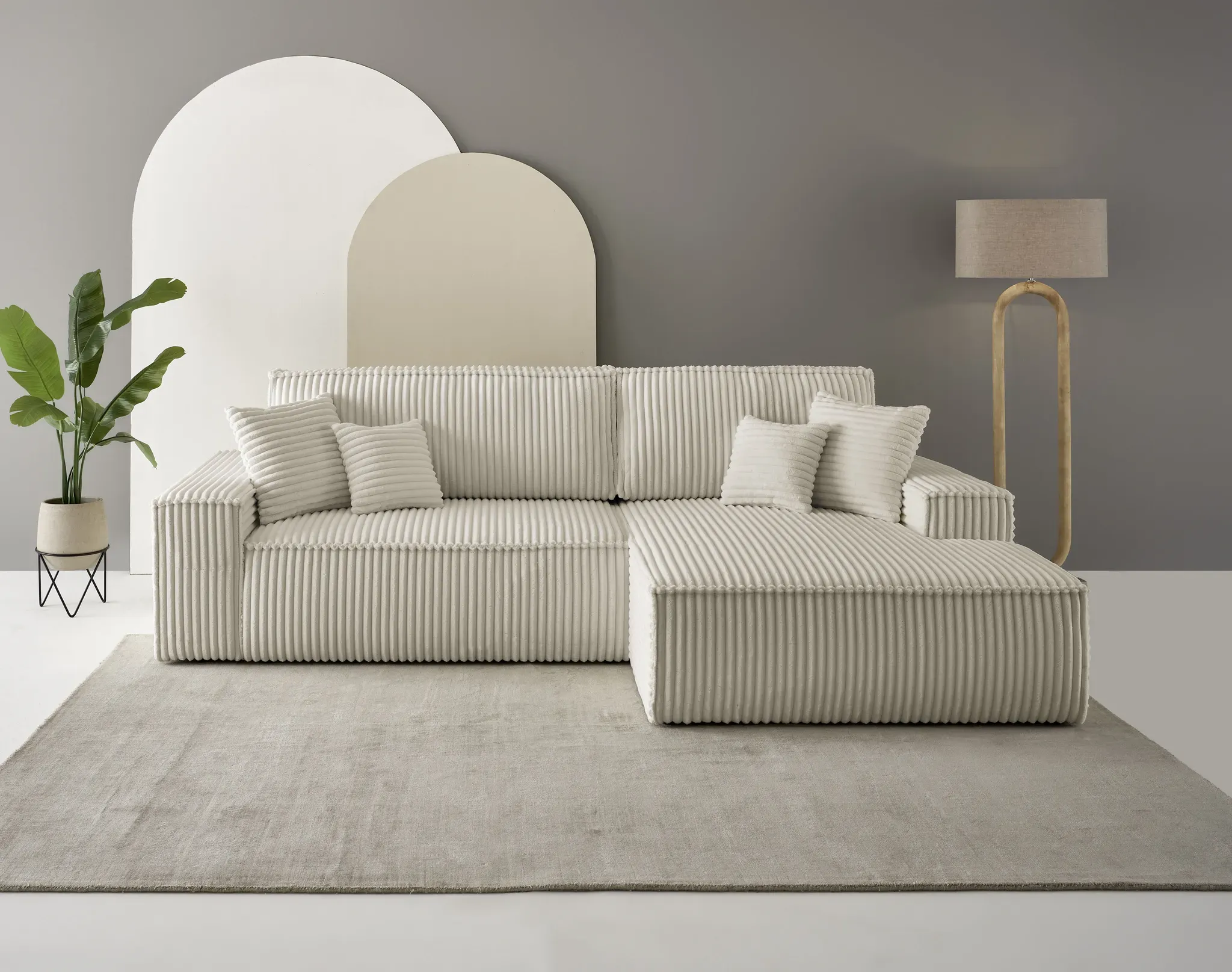 Ecksofa ANDAS "Finnley Schlafsofa 267 cm in Bouclé, Struktur fein u. Cord, L-Form", beige (creme), B:267cm H:85cm T:167cm, Bezugstoff 100% PES , Gramatur 400g/qm +/- 5%, Sofas, Schlaffunktion m. Bettkasten (136/210 cm), Bouclé, Struktur und Cord