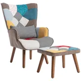 Merax Ohrensessel (1-St), mit Hocker Patchwork,Relaxsessel,Lehnstuhl,Fernsehsessel bunt