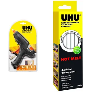 UHU Heißklebe-Set - Heißklebepistole Hot Melt Starter-Kit mit Hot Melt transparenten Klebepatronen, 11 mm Durchmesser, 200 g, transparent