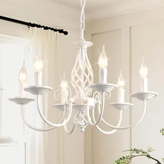 JIINOO Französischer Landhausstil Kronleuchter, Höhenverstellbare Vintage Pendelleuchte mit 6 Lichtern, Rustikale Weiße Bauernhaus Kronleuchter für Küche, Esszimmer und Wohnzimmer