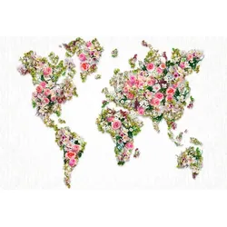 Vliestapete LIVING WALLS "Weltkarte aus Rosen Vlies", bunt, B:0,53m L:10,05m, Vlies, Tapeten, Blumige Fototapete Landkarte Floral 4,00m x 2,70m Weiß Grün Rosa