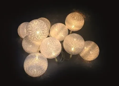 Lex 10er Raffia Kugel-Lichterkette warmweiß batteriebetrieben Kugeln Dekolichterkette : Weiss