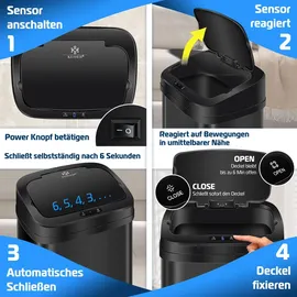 Kesser KESSER® Sensor Mülleimer Küche Automatik mit Bewegungssensor Abfalleimer | Soft-Close-Deckel Müllbehälter mit Touch-Bedienfeld & Sensor LCD-Display Edelstahl inkl. Müllsackhalter