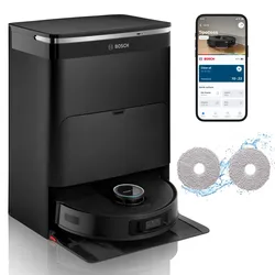 BOSCH Saugroboter "Spotless Max Cam BCRDW3BX, rotierende Wischpads, 70C Selbstreinigung", schwarz, B:34cm H:9,8cm, Saugroboter, Datensicherheit, 11.000 Pa Saugkraft, Absaugstation, Kamera