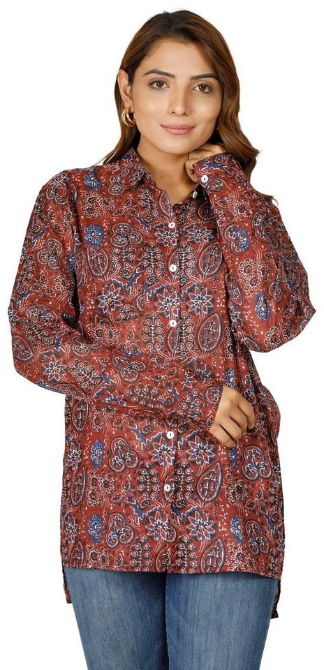 Guru-Shop Longbluse Handbedrucktes Boho Langarmhemd, luftiges.. alternative Bekleidung rot L