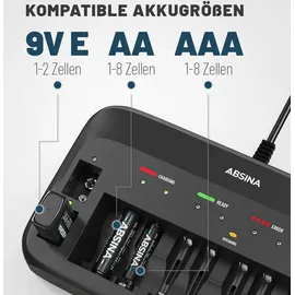 Absina Akkuladegerät 9V inkl. 8x AA 2900mAh NiMH