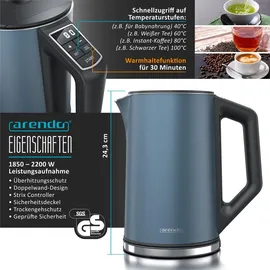 Arendo 2-teiliges Frühstücksset - Edelstahl Wasserkocher 1,5l, 4-Scheiben Langschlitz Toaster, Blau Matt