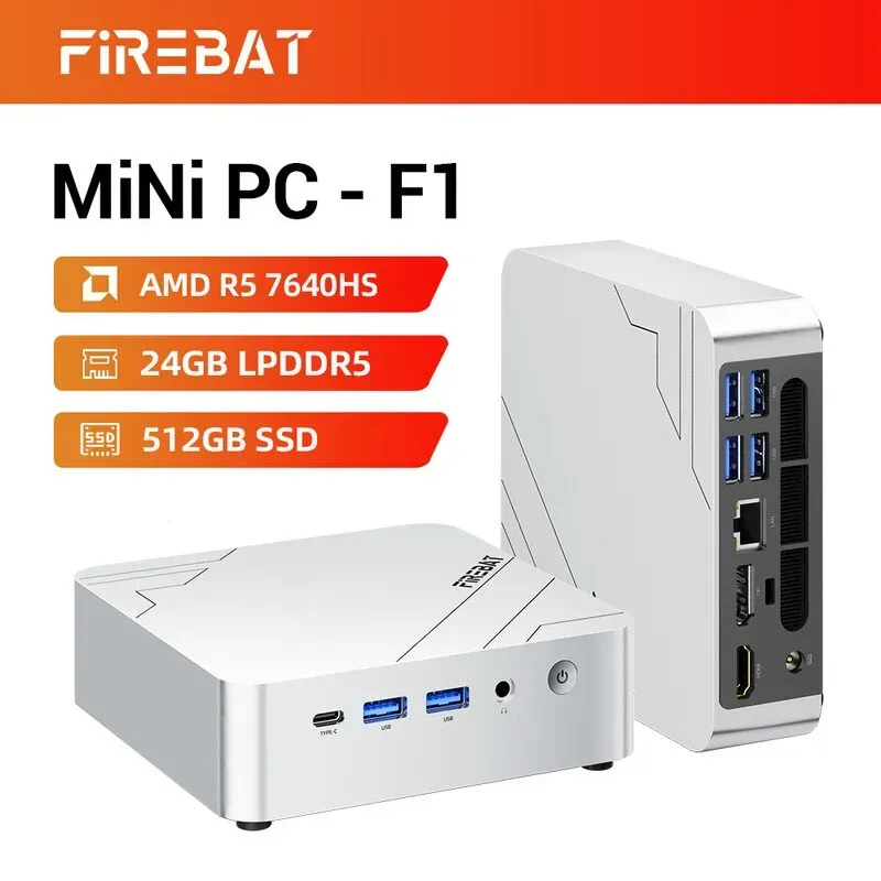 FIREBAT F1 Mini-PC mit AMD Ryzen 5 7640HS (6 Kerne/12 Threads), 24 GB LPDDR5 RAM, 512 GB PCIe 4.0 SSD, Radeon 760M Grafik, unterstützt 4K-Dreifachbildschirm-Ausgabe, USB 4.0/HDMI 2.1, 2,5G Ethernet | Wi-Fi 6E, Bluetooth 5.2, ein kompakter, leiser Gaming-Desktop, ideal für Heimbüros und den geschäftlichen Einsatz