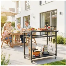 Outsunny Küchenwagen mit Rollen, 2-stöckiger Servierwagen, mit Müllbeutelhalter, Haken, Griffe, Küchenhilfe, BBQ Grilltisch aus Metall Küchentrolley, 113 x 50,5 x 88 cm Schwarz