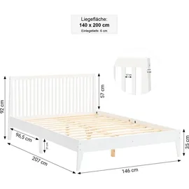Homestyle4u Holzbett 140x200 Bettgestell Weiß Holz mit Lattenrost - Weiß