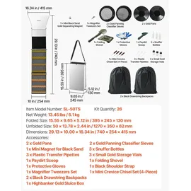 Vevor Highbanker Goldwaschset 127 cm (50 Zoll), 3-in-1 Faltbare Goldwaschrinne aus Aluminiumlegierung, 26-tlg. Tragbares Prospektionsset mit Goldwaschpfannen, Klassiersieb, Magnet, Rucksack, Zubehör