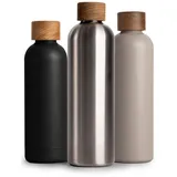 T&N Edelstahl Trinkflasche 1 Liter, Thermosflasche 1l mit Akazienholz Deckel, Isolierte Wasserflasche auslaufsicher bei Kohlensäure, Isolierflasche 1000ml - Silber