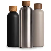 T&N Edelstahl Trinkflasche 1 Liter, Thermosflasche 1l mit Akazienholz Deckel, Isolierte Wasserflasche auslaufsicher bei Kohlensäure, Isolierflasche 1000ml - Silber