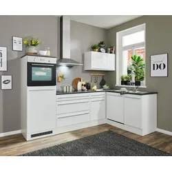 Jazz 6: Moderne Eckküche mit Elektrogeräten in Weiß Hochglanz, Metallic Grau – L-Form, 260 × 200 × 60 cm