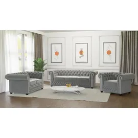s-style möbel SITZGARNITUR mit Schlaffunktion 3+2+1 Chesterfield Nyx Grau Samt