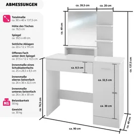 Tectake tectake® Schminktisch, im modernen Look, 3 offene Ablagen, unterteilte Schublade, 90 x 40 x 137,5 cm
