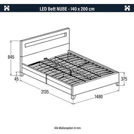 Home Deluxe LED Bett NUBE - Weiß, 140 x 200 cm - inkl. Matratze, Lattenrost und Schubladen I Polsterbett Design Bett inkl. Beleuchtung - Weiß