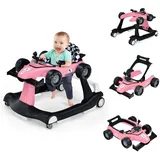 GOPLUS 4 in 1 Baby Lauflernhilfe, Lauflernwagen höhenverstellbar mit Licht & Musik, Baby Walker Autoförmig mit Einstellbarer Geschwindigkeit, Gehfrei für Kinder ab 6 Monaten (Rosa 1)