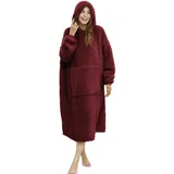 ililmmoe Sherpa tragbare Decke, Übergröße, Kapuzenpullover, Sweatshirt, TV-Decke mit Langen Ärmeln und Tasche, Weinrot One Size