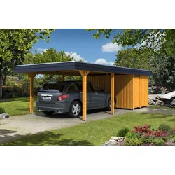 Skan Holz Walmdach Carport Breite 409cm mit Abstellraum eiche hell Holzcarport