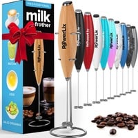 PowerLix Milchaufschäumer Stab, Milchschäumer Elektrisch - mit Edelstahlständer 15-20s, 19000 U/min, Batteriebetriebener Milk Frother für Kaffee, Latte, Cappuccino, Heiß & Kalte Schokolade, Hölzern