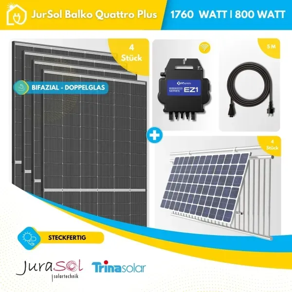 Balkonkraftwerk für Balkongeländer APsystems - 1760 Watt 800 Watt - Bifazial Doppelglas - JurSol BALKO Quattro Plus