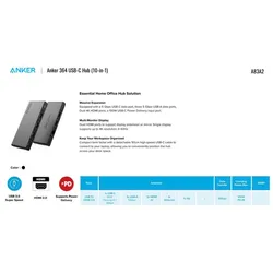 ANKER USB-Adapter "Hub 364 USB C Hub (10-in-1, Dual 4K HDMI)", schwarz, Adapter