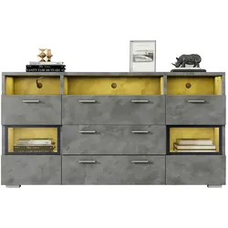 Merax Modernes Sideboard, 140 cm, mit LED-Beleuchtung, offener Stauraum, Unterschrank, Stauschrank, Sideboard, Eckschrank, Grau