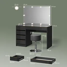 livinity Schminktisch Imola, Schwarz/Gold, mit LED Beleuchtung und Hocker