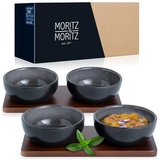 Moritz & Moritz VIDA 4x Dip Schalen Set mit Brett – 10cm Ø - 4 Dipschalen Schwarz Grau-Blau aus Porzellan - Für Snacks, Dessert, Dips und Saucen