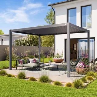 primeyard Pergola 3x4 m Aluminium-Pfosten mit Lamellendach aus Stahl graue Terrassenüberdachung