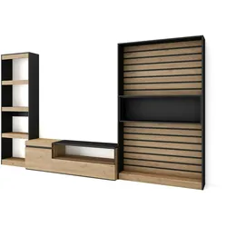 SKRAUT HOME Wohnzimmermöbel TV, Wohnzimmerwandsystem, 320x35x186cm, Möbelset, Moderner Stil, Eiche und Schwarz - 91_41