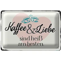 Roomando Dekoratives Blechschild 'Kaffee & Liebe heiß am besten' | Herzform mit stilvollen Schriftzügen | Ideal für Küche und Café | 18 cm x 12 cm