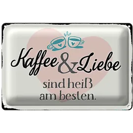 Roomando Dekoratives Blechschild 'Kaffee & Liebe heiß am besten' | Herzform mit stilvollen Schriftzügen | Ideal für Küche und Café | 18 cm x 12 cm
