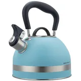 Kinghoff Wasserkessel 1.8L aus Edelstahl, Pfeifkessel Induktion, klein Flötenkessel, Teekessel mit Einklappgriff, Wasserkocher für alle Kochplatten, Kessel matt blau KH-1857