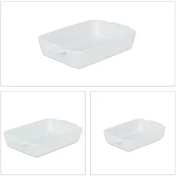 Relaxdays Auflaufform 3er Set, Keramik, 3 Größen, eckig, Lasagne, Gratin, Tiramisu, spülmaschinenfest, Ofenform, weiß