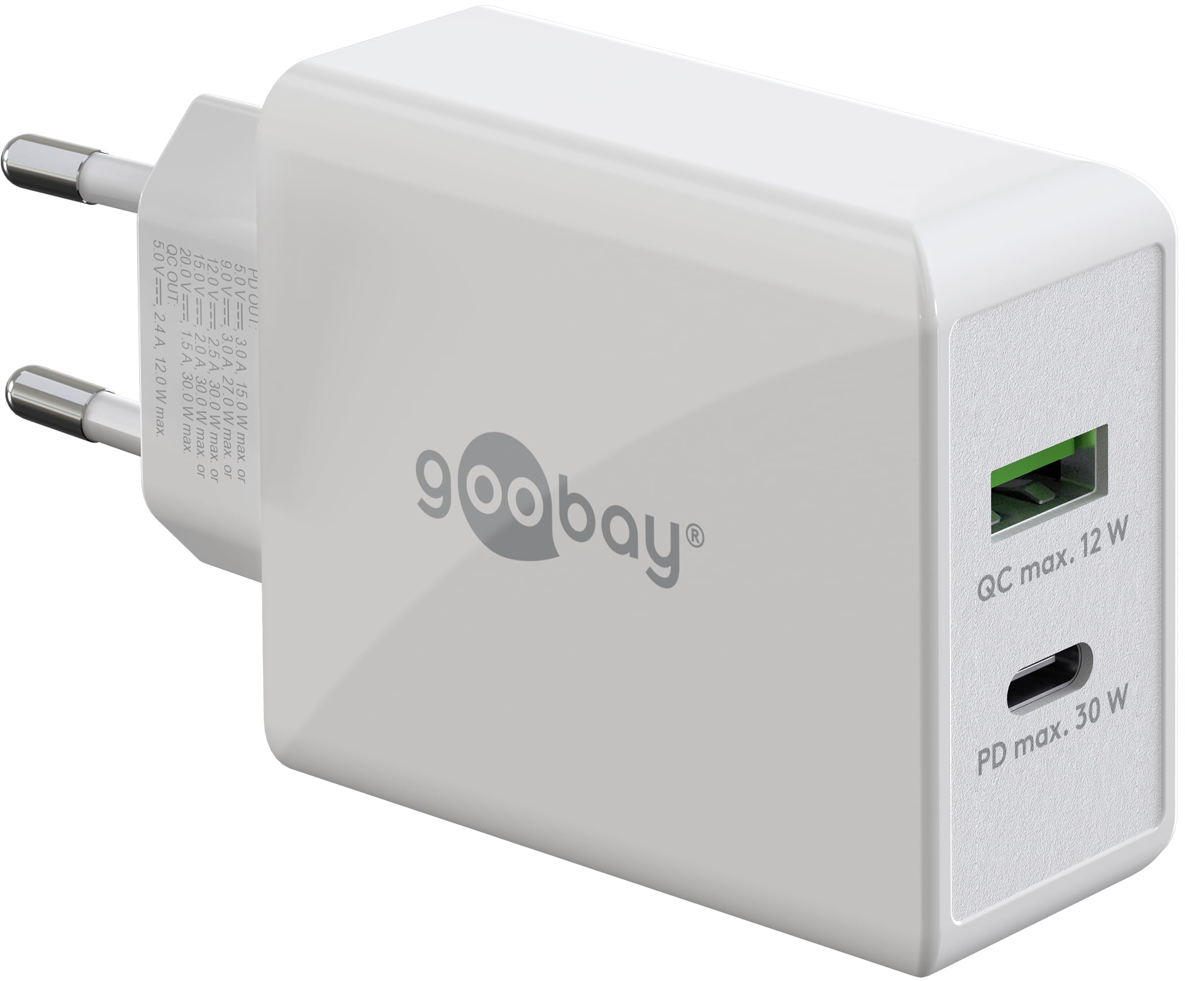 goobay 61674 Dual USB-C PD (Power Delivery) Schnellladegerät (30 W) / Quick Charge Netzteil für iPhone, Samsung, Huawai/Handy Ladegerät/Ladeadapter für die Steckdose/weiß