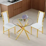 2er Set Esstisch mit gehärtetem Glas, 88 cm, goldfarbenes Kreuzgestell, zwei weiße PolyurethanEsszimmerstühle mit goldener Kante, minimalistisch... - Weiß