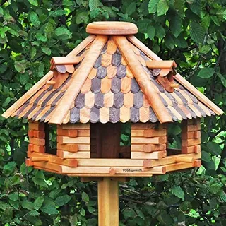 VOSS.garden Großes Vogelhaus Herbstlaub, Imprägniertes Holz, 50cm Durchmesser Futterplatte, Mit Sitzstangen für Vögel, Vogelhaus Vogelvilla Futtervogelstation