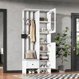 Garderobenschrank Mit 2 Schränken, 6 Haken, Schuhbank Mit Polster, Türen Aus Hartglas, Weiß, 85√ó33,5√ó200 Cm