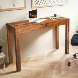 Kadima Design Schreibtisch Kompakt  118x40x76cm  Sheesham Massivholz Dunkelbraun  Platzsparend mit Schublade  Handgefertigt & Modern  Büro