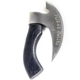 Hanseküche Pizzaschneider Axt mit Wikinger Runen und Lederschutz silber