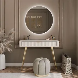 lookway SCHMINKTISCH SCARLETT MIT RUNDEM LED-SPIEGEL BEIGE + GOLD