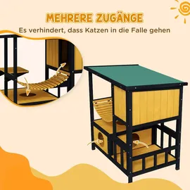 PawHut Katzenhaus aus Holz mit Hängebrücke für 1-2 Katzen bis 5 kg Gelb 84,5 x 60 x 88 cm